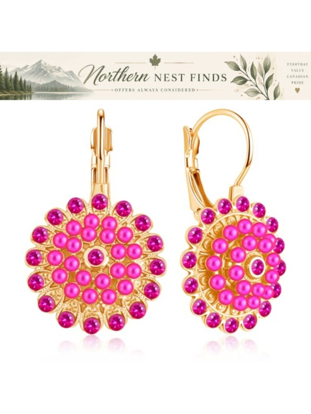 Gold Plated Crystal Pearl Flower Dangle Drop Earrings Leverback Women